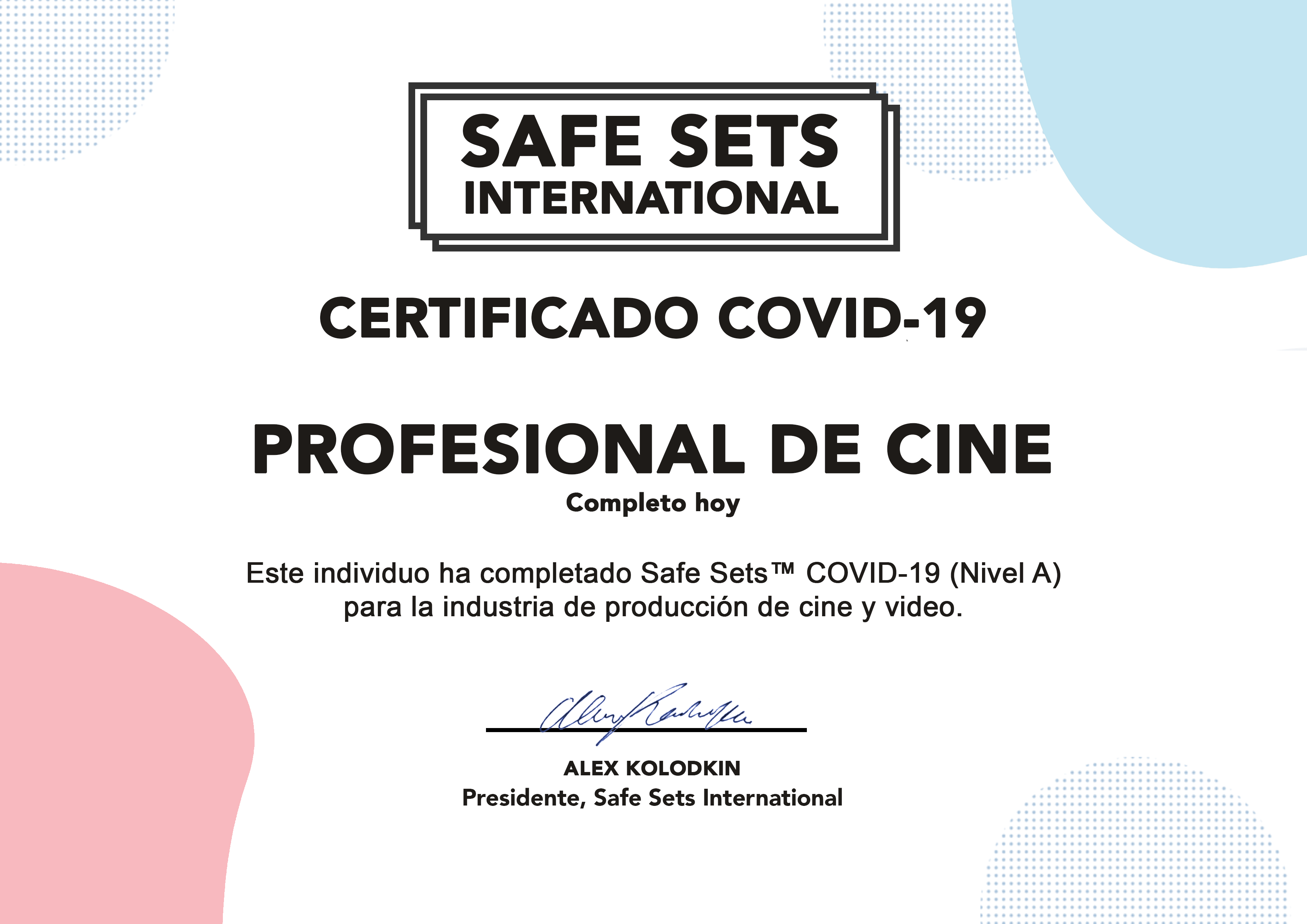 Sample Safe Sets COVID-19 Certificate